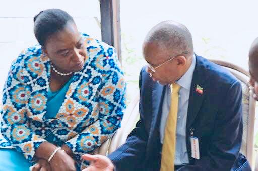 Kenya Foreign Affairs minister Monica Juma (left) and her Somaliland counterpart Dr Saad Shire having a chat at the United Nations in Nairobi when the two met during the presentation of the UN personality of the year 2018 award to world marathon record holder Eliud Kipchoge on Wednesday evening. The two discussed on a range of issues regarding Kenya and Somaliland.