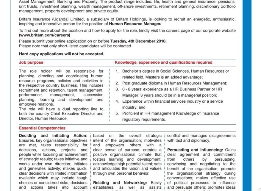 Britam Insurance Uganda in search for Human Resource Manager