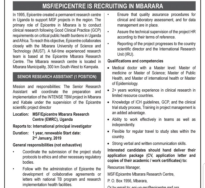 Epicentre is recruiting in Mbarara