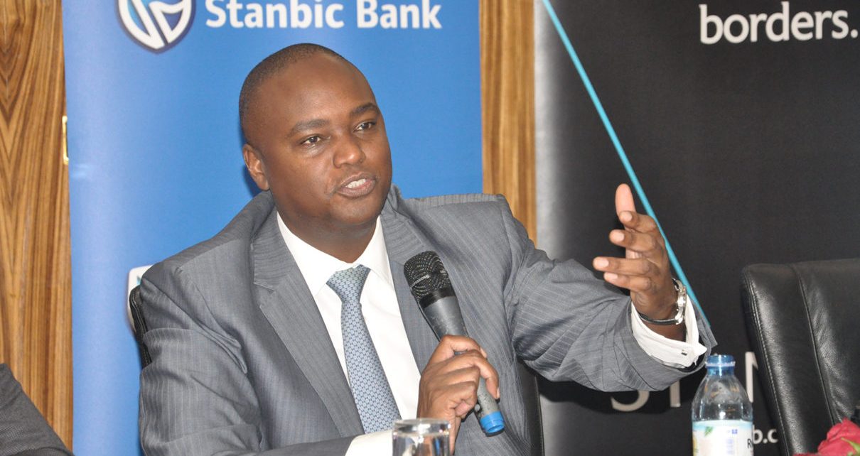Mr Patrick Mweheire teh Chief Executive Stanbic Bank addressing the media during the launch of the wealth proposition
