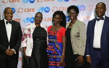 From left, George Owuor Jr, Head of Government Relations, P&G_ Ruth A Odinga, Former Deputy Governor Kisumu County_ Mary Anyango_ Dorothy Nyong'o, First Lady Kisumu County_ Salmon Orimba, CEC Water Kisumu County