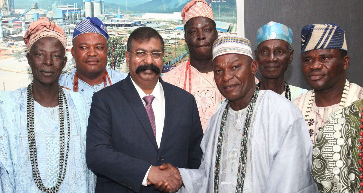 L-R: Heads of Communities of Olomowewe, Chief Shefiu Aguda; Idasho Community, Chief Alisan latifu; Imobido Community, Chief Jegede Lateef; Group Executive Director, Dangote Industries Limited, Devakumar Edwin; Aro of Lekki, Chief Adewale Salami; and Baale of Tiye Community, Chief Kayode Mujitafa, during the stakeholder parley between representatives of Lekki Free Trade Zone host communities and Dangote Oil Refining Company in Lagos
