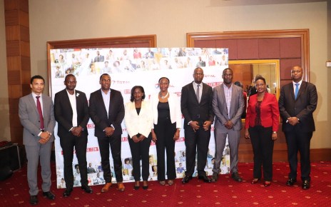 Mr. Obi IMEMBA, Total Uganda Managing Director (3rd L), Mr. Nathan Morgan, Business & Development Director (L) Total (E&P) Uganda, Mr. Patrick Mweheire, the Jury Ambassador (R), posing for a photo with other jury members. This was during the unveiling of the unveiling of the 15 finalists of the 2nd edition of the StartUpper of the Year Challenge by Total at Sheraton Hotel Kampala, 30th January 2019.