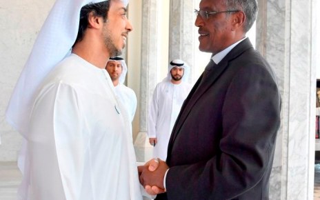 Somaliland President Muse Bihi Abdi shakes hands with the Deputy Prime Minister of the United Arab Emirates, Sheikh Mansour Bin Zayed Al-Nahyan