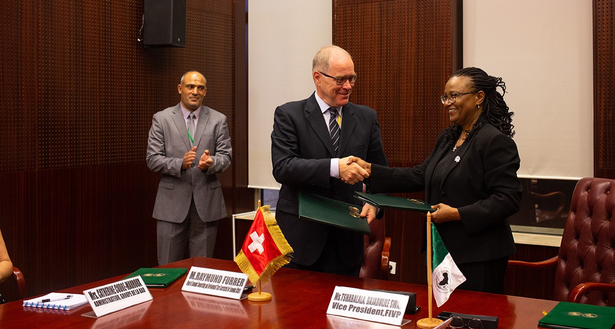 Signature of two agreements for donation between Switzerland and the AfDB, in the presence of Mr Raymund Furrer, head of Economic Cooperating and Development Stare Secretariat for Economic Affairs (SECO) and VP Tshabalala Bajabulile Swazy of the AfDB, during day 3 of the AfDB Annual Meetings on 13 June 2019 in Malabo, Equatorial Guinea. (Photo by Juliette Avice)