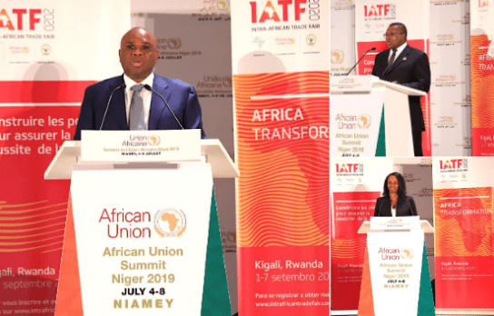 Clockwise: Afreximbank President Prof. Benedict Oramah, AU Trade Commissioner Amb. Albert Muchanga, and Rwanda Trade Minister Soraya Hakuziyaremye addressing guests at the launch of IATF2020 in Niamey.