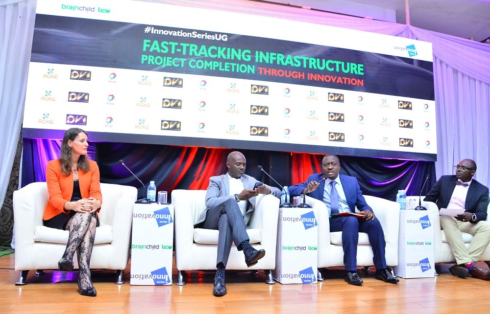 Eng. Andrew Kitaka, (2nd R ), Executive Director KCCA giving his remarks, while Ms. Helena McLeod (L), Team Leader, Cities, and Infrastructure for Growth (CIG) Uganda, Mr. Andrew Mwenda (2nd L), CEO, The Independent Publications, and Mr. Simon Kasyate (R) panel moderator look on. The panel discussed “Appropriate Models for Cities in Emerging Markets”. This was during the fourth edition of Innovation Series forum themed “Fast-Tracking Infrastructure Project Completion through Innovation” at Golf Course Hotel on 31st October 2019.